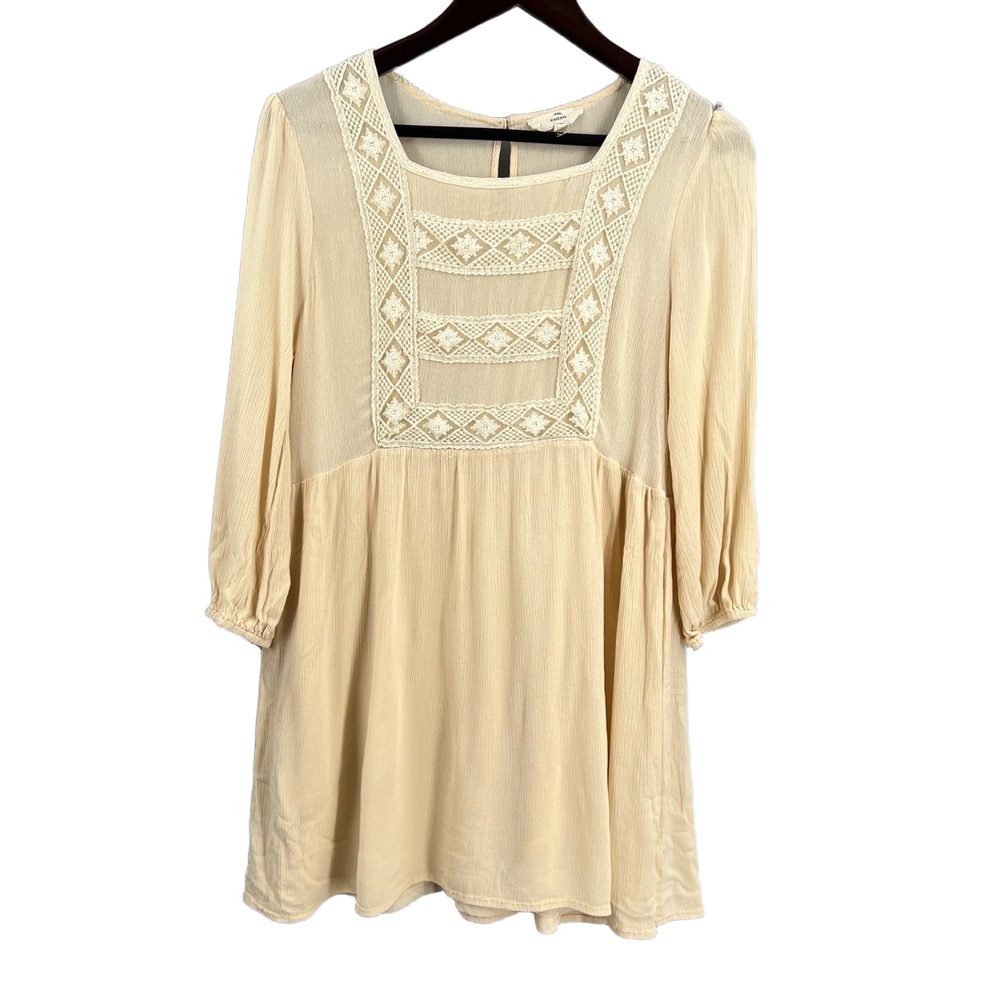 Entro Beige Boho Peasant Top Babydoll Embroidered Square Neck Tunic Medium
